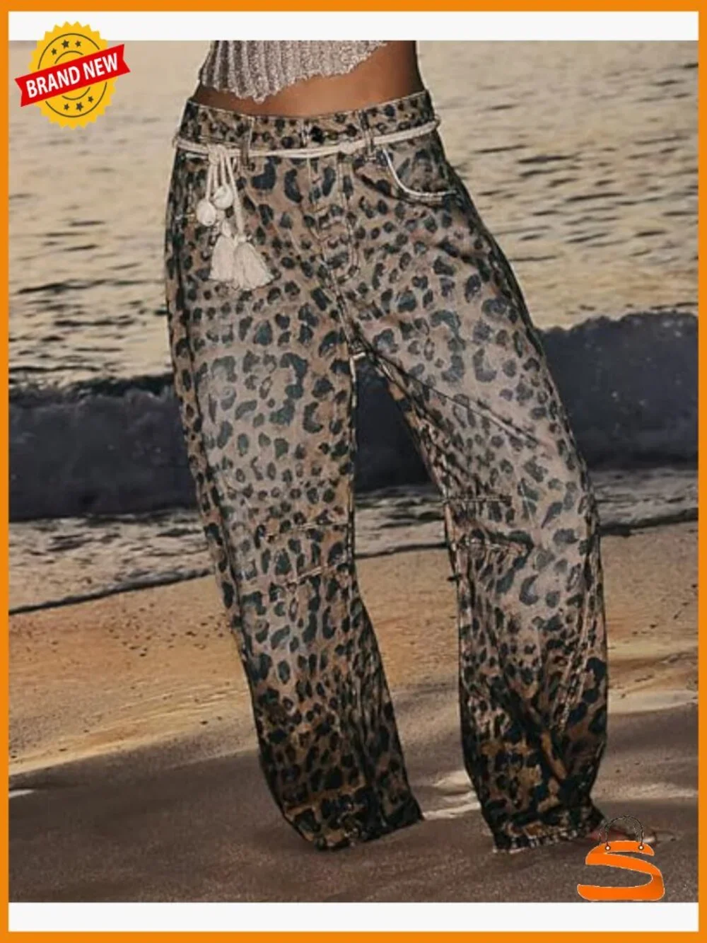Mid Rise Wide Leg Cropped Barrel Leopard Print Y2k Baggy Denim Pants - Picture 5 of 7